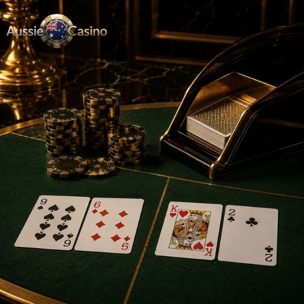 Baccarat table with cards and casino chips