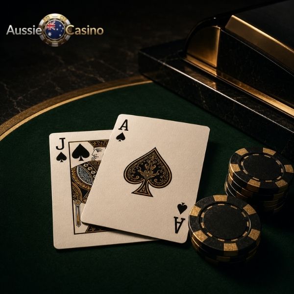 Blackjack cards and casino chips on table