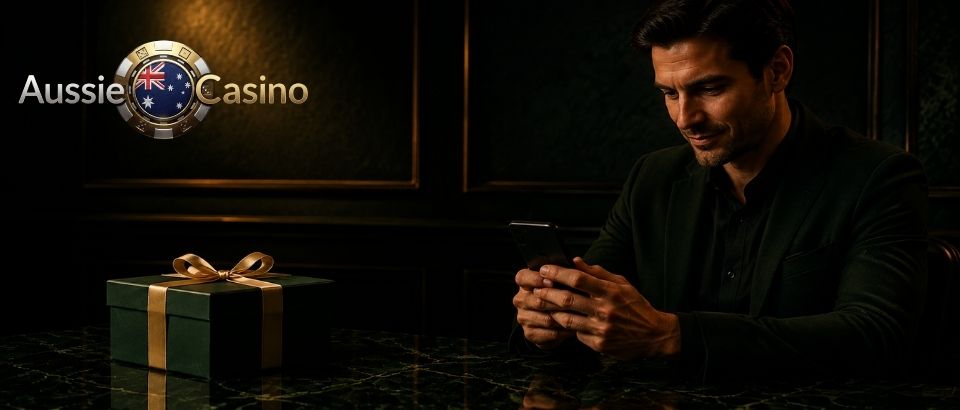 Man using smartphone beside casino bonus gift