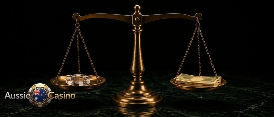 Balance scales with casino chip and money