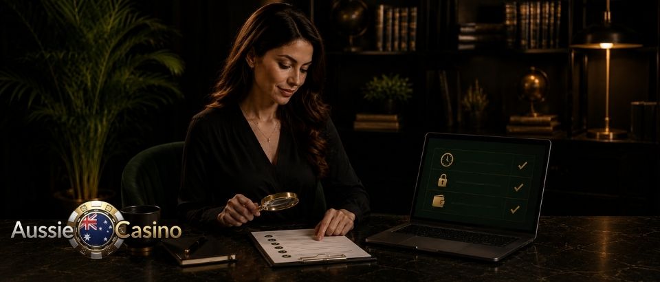 Woman checking casino terms with magnifying glass