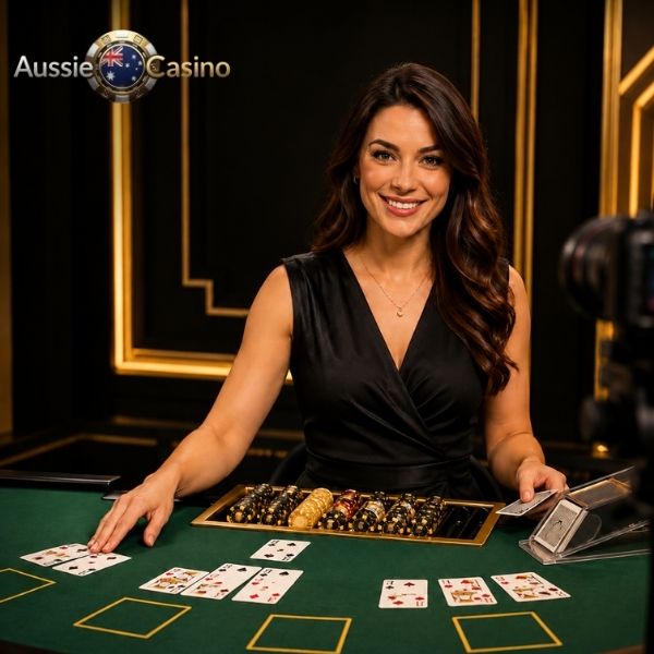 Female live dealer at blackjack table
