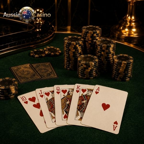 Poker table with playing cards and casino chips