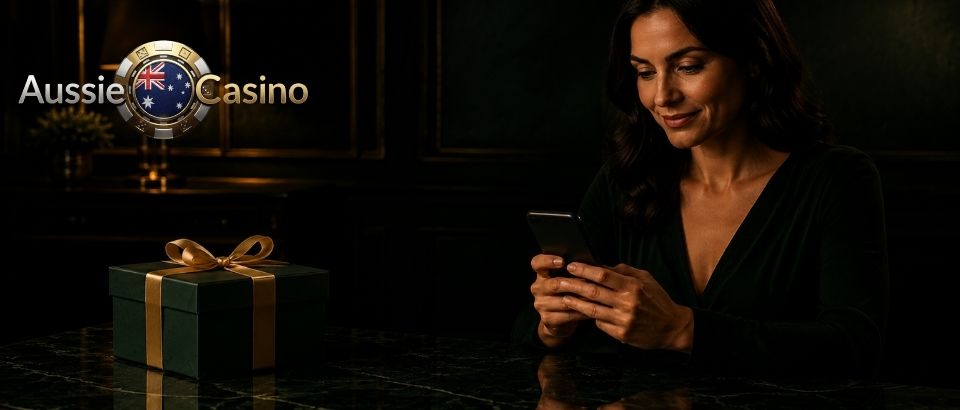 Woman checking casino bonus on smartphone