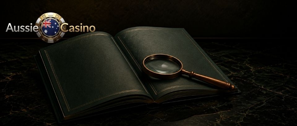 Aussie Casino Online responsible gambling glossary with magnifying glass
