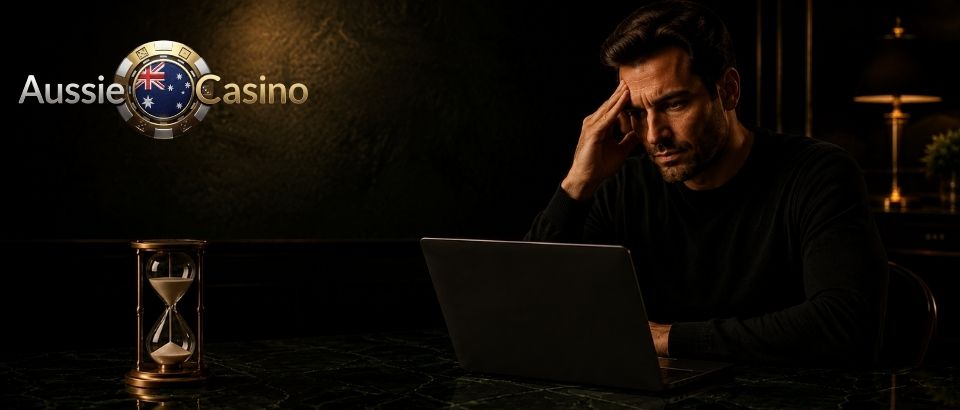 Man showing signs of problem gambling at laptop