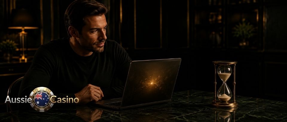 Man playing online pokies beside an hourglass