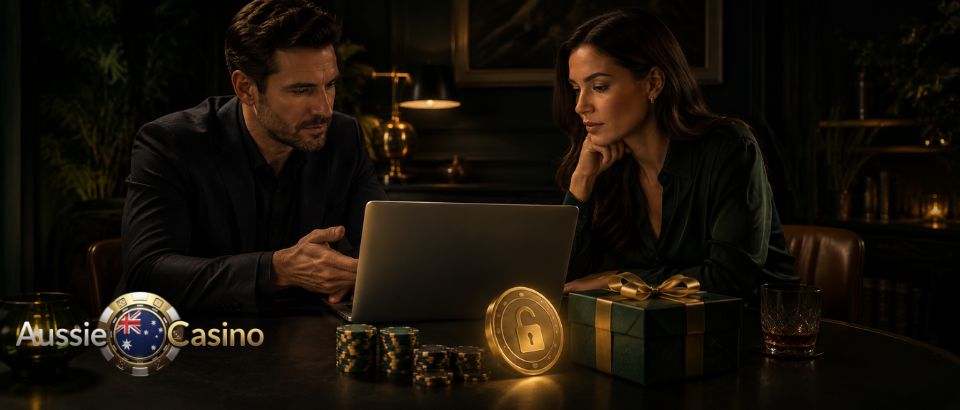 Couple reviewing Aussie Casino Online bonuses on laptop
